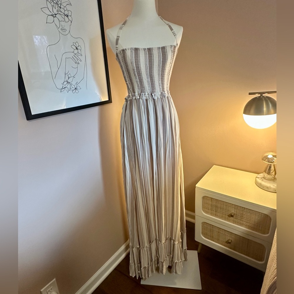 Olivaceous Beautiful Beige Striped Maxi Dress